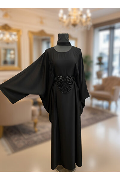 SEEKING2001 Elegant abaya with a wide cape cut and a pink Belt adorned with p...