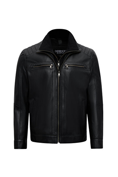 Derimod Elton Men's Black Turn-Down Collar Leather Jacket 25Wge65951M