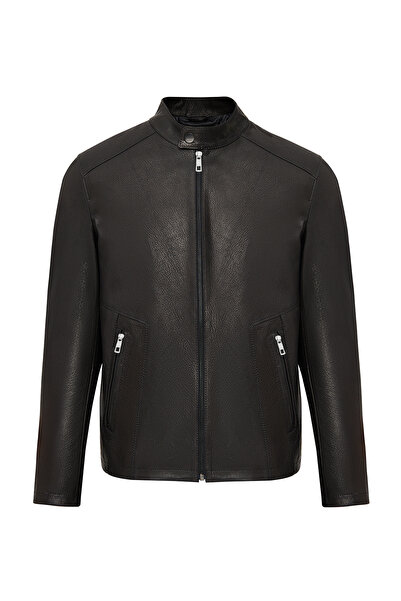 Derimod معطف جلدي أسود للرجال من Insignia بياقة حكيم 25WGD65814T