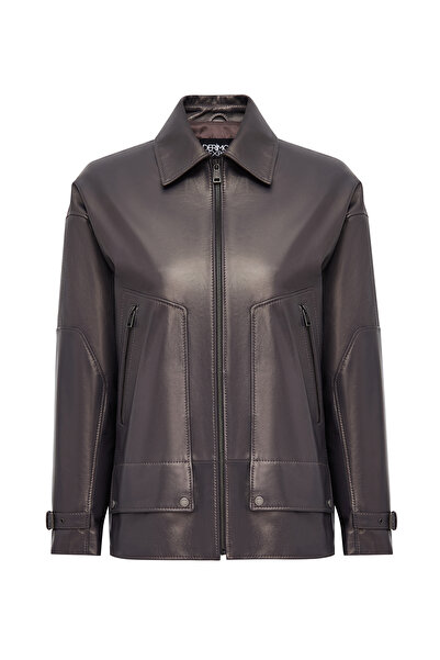 Derimod Rosalin Women Gray Shirt Collar Oversized Leather Coat 25Wge5327Mp