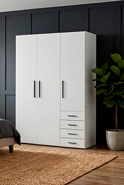 benim odam Diva 3 Kapaklı Beyaz Dolap 5 Raflı Çekmeceli Geniş Gardırop Elbise...