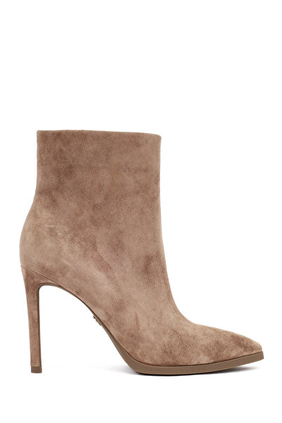 Derimod Kadın Bej Fermuarlı Yüksek İnce Topuklu Süet Deri Bot 25WFD491310