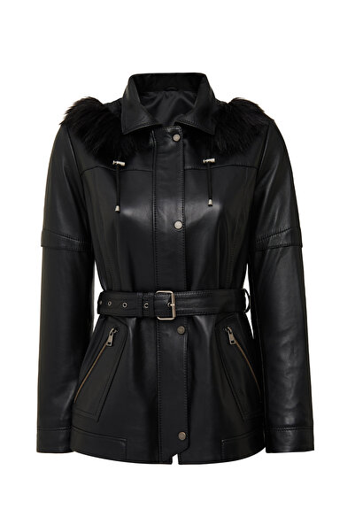 Derimod Hillary Women Black Collar Fur Hooded Leather Coat 25Wge56051M