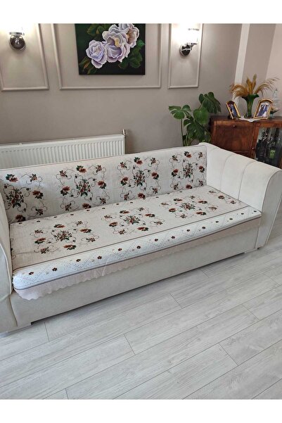 Yerli KREM KANAVİÇE Kadife Baskılı Kaymaz Koltuk Ve Çekyat Örtüsü 180*210 Cm