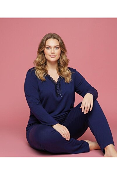 MEBA Дамски пижамен комплект за майки, тъмносин, с яка и копчета, с дълъг рък...