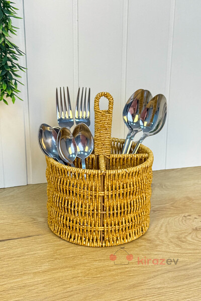 KirazEv Rattan Kaşıklık 4 Bölmeli Mutfak Organizeri Tutma Saplı Kaşık Organizeri