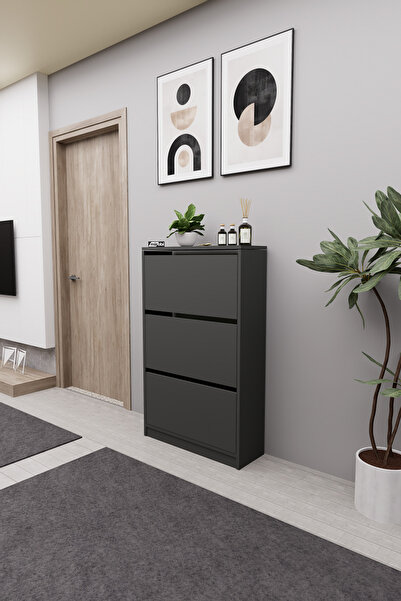 Mirobi Kembe 3 Bölmeli Açılır Modern Dekoratif Ayakkabılık Antrasit