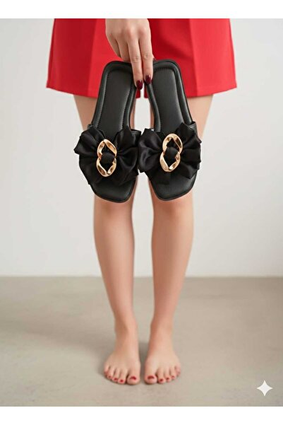 DYG STORE Black Satin Bow with Gold Buckle Detail Slippers