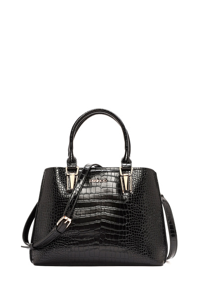 Derimod Geantă de mână neagră cu curea lungă pentru femei, cu mâner crocodil ...