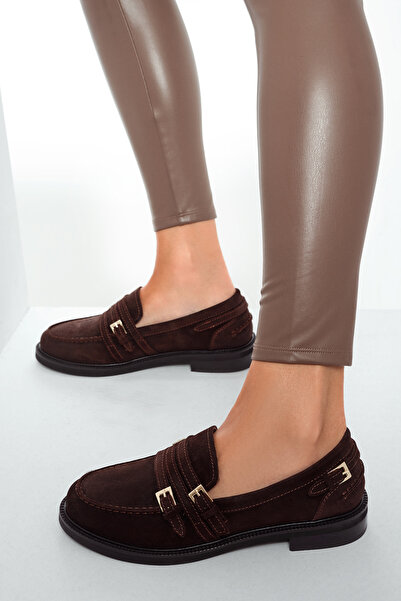 Derimod Kadın Kahverengi Tokalı Süet Hakiki Deri Loafer, Kışlık Ayakkabı 25AF...