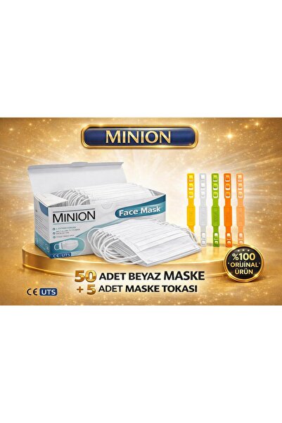 Minion Cerrahi Maske Beyaz 50'lik Maske Tokası Hediyeli Meltblown Filtreli Maske