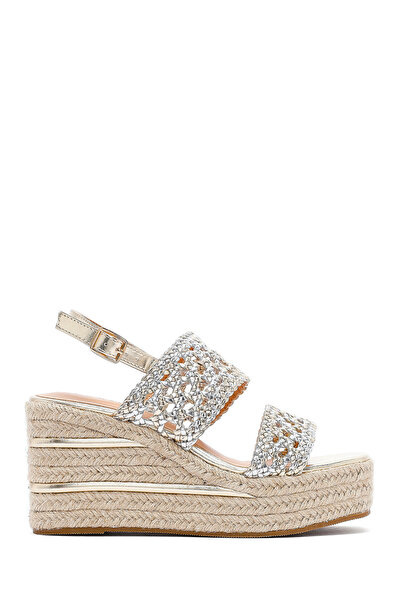 Derimod Women's Gold Knitted Ankle Buckle Wedge Heeled Espadrille Sandals 25S...