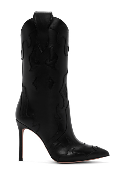 Derimod Women's Black Patterned Thin Heeled Leather Boots 25Wfd120418