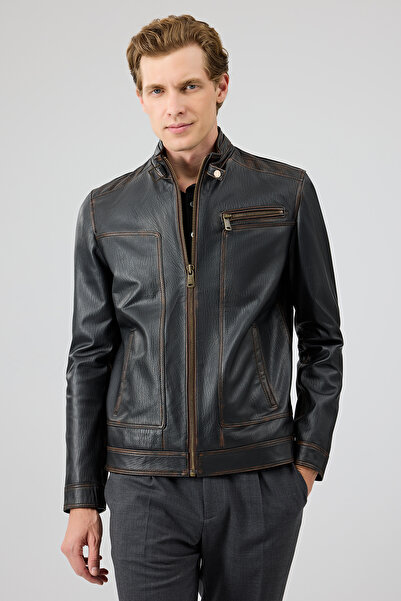 Derimod Felibe Men's Black Judge Collar Vintage Leather Jacket 25Wge6432Vd