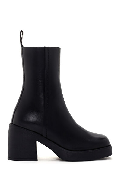 Derimod Women's Black Thick Heeled Zippered Leather Boots 25Wfd201018