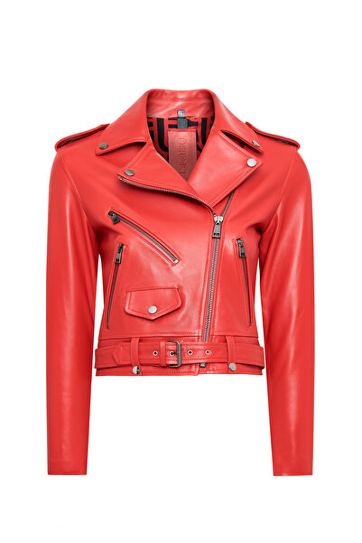 Derimod Newage Kadın Kırmızı Slim-Fit Biker Deri Ceket 25SGD5983U5