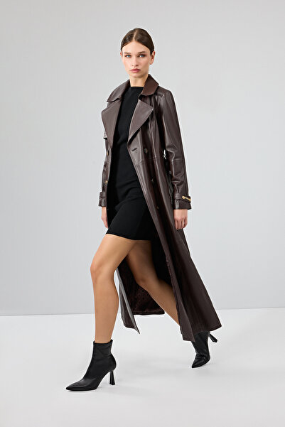 Derimod Jenny -X Women's Brown Belt Detailed Leather Trench Coat 24Wge526347