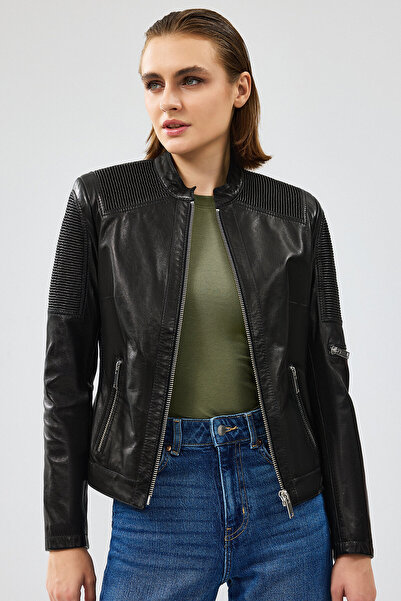 Derimod Firenze Γυναικείο Μαύρο Κοντό Δερμάτινο Μπουφάν 24WGD5230VE