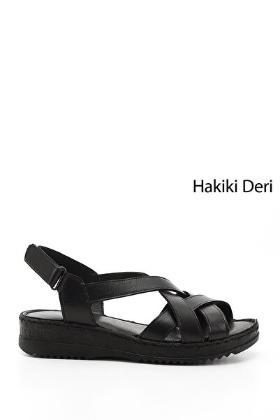 GÖNDERİ(R) Dámské černé sandály na klínovém podpatku z pravé kůže