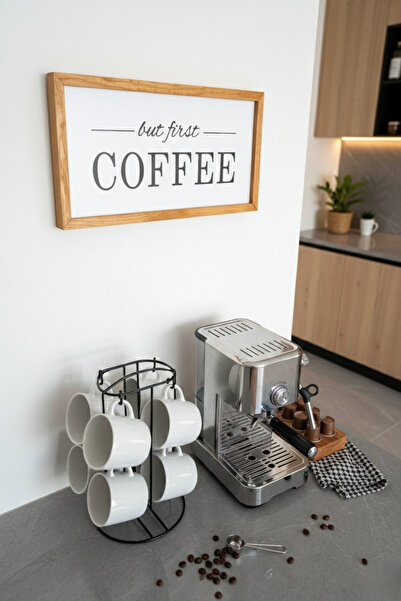 Wooden Factory Kahve Köşesi But First Coffee Ahşap Çerçeveli Tablo