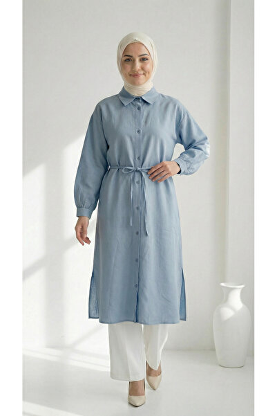 BENAHOLL Karmora Bilek Büzgülü Yanları Yırtmaçlı Keten Tunik-EK141.12 Mavi