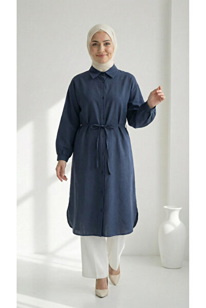 BENAHOLL Karmora Bilek Büzgülü Yanları Yırtmaçlı Keten Tunik-EK141.12 Lacivert
