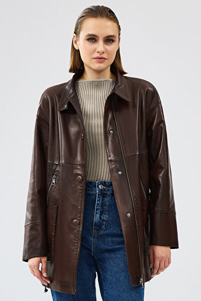 Derimod Dalida Kadın Kahverengi Oversize Deri Ceket 24WGD5212HN