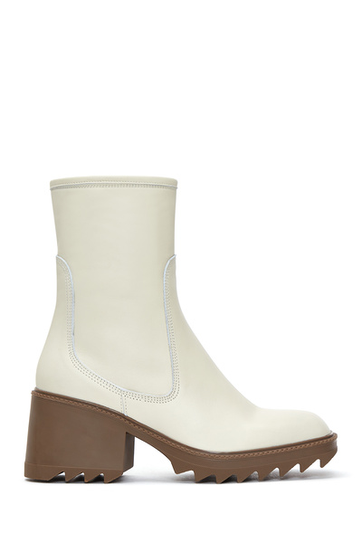 Derimod Kadın Bej Fermuarlı Kalın Topuklu Deri Bot 24WFD131518