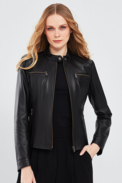 Derimod Marlyn Women Black Short Leather Jacket 23Wge51331M