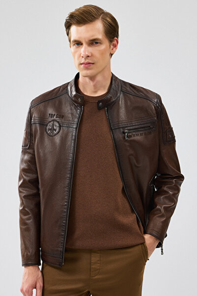 Derimod Kawhi Men's Brown Slim-Fit Embroidered Leather Coat 20Sgd6351Bt