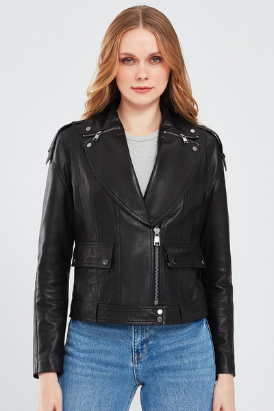 Derimod Reina Γυναικείο Μαύρο Δερμάτινο Μπουφάν Biker 24SGD5186VE