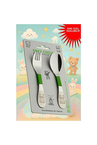 EMZE Çocuk Paslanmaz Çelik Çatal Kaşık Seti Kedi Desenli