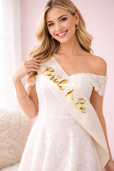 PARTİPORT Bride To Be Bej Renk Gold Yazılı Kuşak Orjinal 144 x 10 Cm