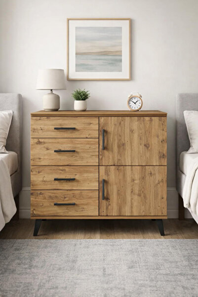 Dienni Arges Şifonyer Tek Raflı 4 Çekmeceli 2 Kapaklı 88x30x80 Çam-Çam