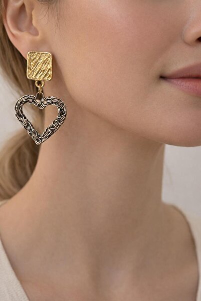 ZS Aksesuar Steel Two-Tone Heart Detailed Vip Earrings