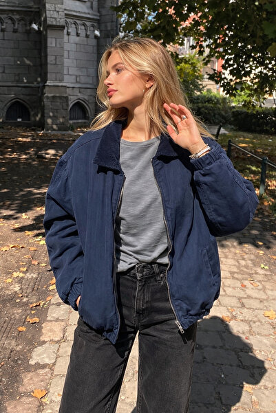 september island Vayne Navy Blue Color Canvas Coat with Fur Inside