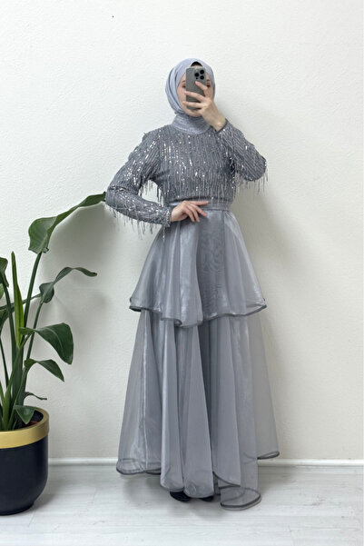 HİJABAYA Sequin Tulle Evening Dress - Elastic Neckline and Belted