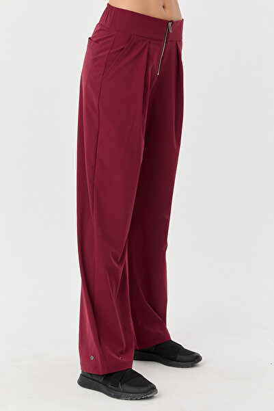 bilcee Kadın Bordo İnce Likralı Fermuarlı Bol Paça Dokuma Hafif Pantolon 0074