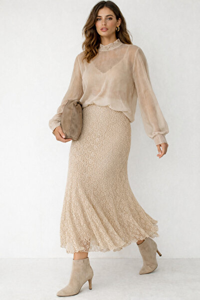 SHEBARA Bej Dantel Yüksek Bel Lastikli Rahat Etek