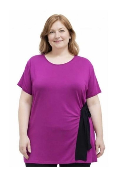 BİrHoşButik Plus Size Set Full Lycra Lace-Up Trendy Elastic Waist Summer Cycling Collar Style Tights T-Shirt