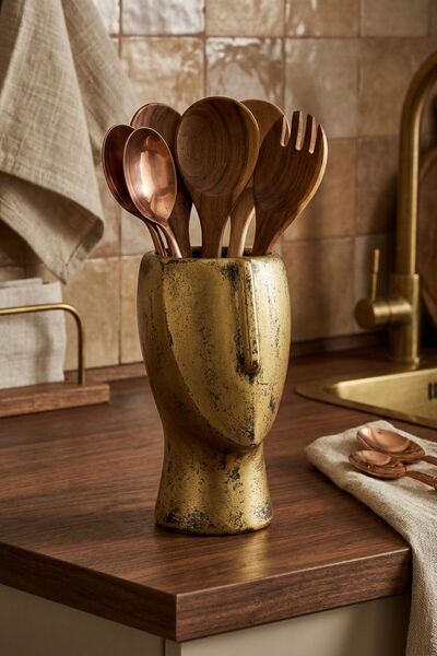 Evene Tezgah Üstü Kaşıklık Dekoratif Dik Kaşıklık Silindir Kaşıklık Altın Esk...