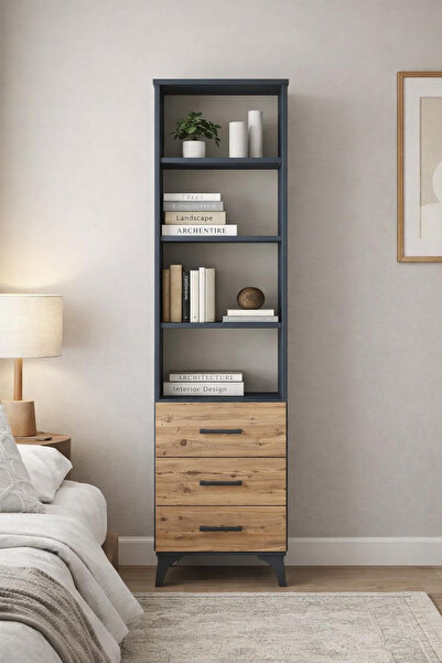 Dienni Arges Dolap 4 Raflı 3 Çekmeceli 44x30x221 Antrasit-Çam