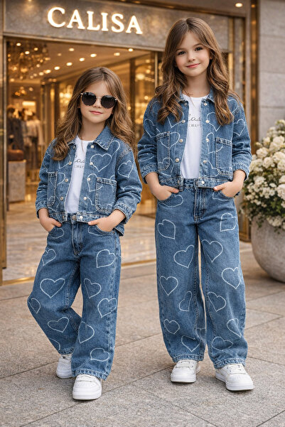 CALİSA Girl's 3-Piece Heart Detailed Denim Set – Jacket + T-Shirt + Jeans (Ag...