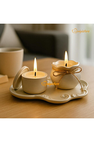 EL YAPIMI 3 Piece White Decorative Set - Lace Tray, Bundle Candle, Candle wit...