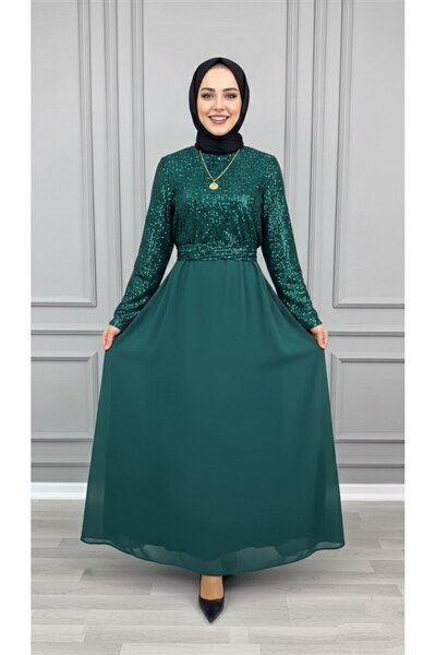 Genel Markalar ÇAĞLA ABİYE Kadın Zümrüt Payetli ve Şifon Kumaş