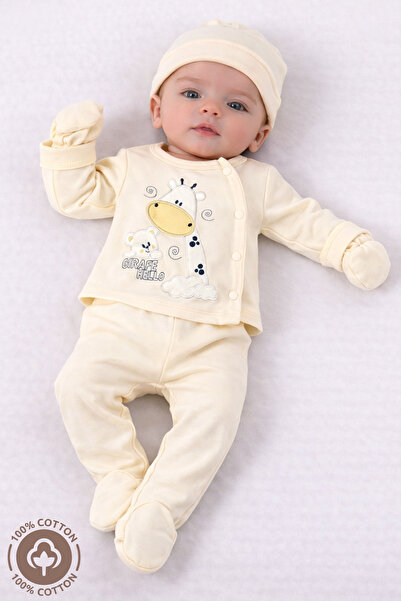 Miniel Unisex Bebek Girafe Nakışlı 5li Hastane Çıkışı Seti - Sarı