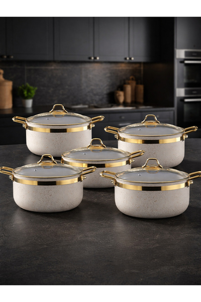Emel Cooking Goods EMEL 10 Parça Altın Kuşaklı Granit Tencere Seti
