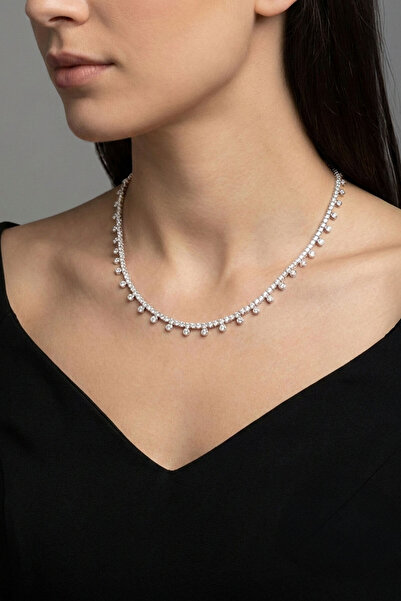 So CHIC... 18 Ayar Beyaz Altın Kaplama Gümüş 43 Cm Tasarım Kolye