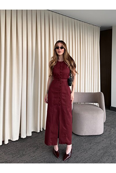 Laluvia Φόρεμα Γαμπαρντίνα σε μπορντό με κουμπιά και ζώνη - 5002