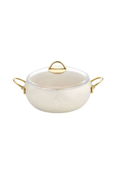 LAVONNI قدر كالدورا 26 سم من الجرانيت بعمق 26 سم، مقبض ذهبي كريمي، غطاء زجاجي...